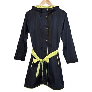 Ilse Jacobsen Black Neon Yellow Trim Hooded‎ Raincoat Belted Women Size M